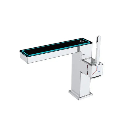 Modern matte gray chrome sink mixer with digital display square spout and led strip featuring decorbites digital display knob