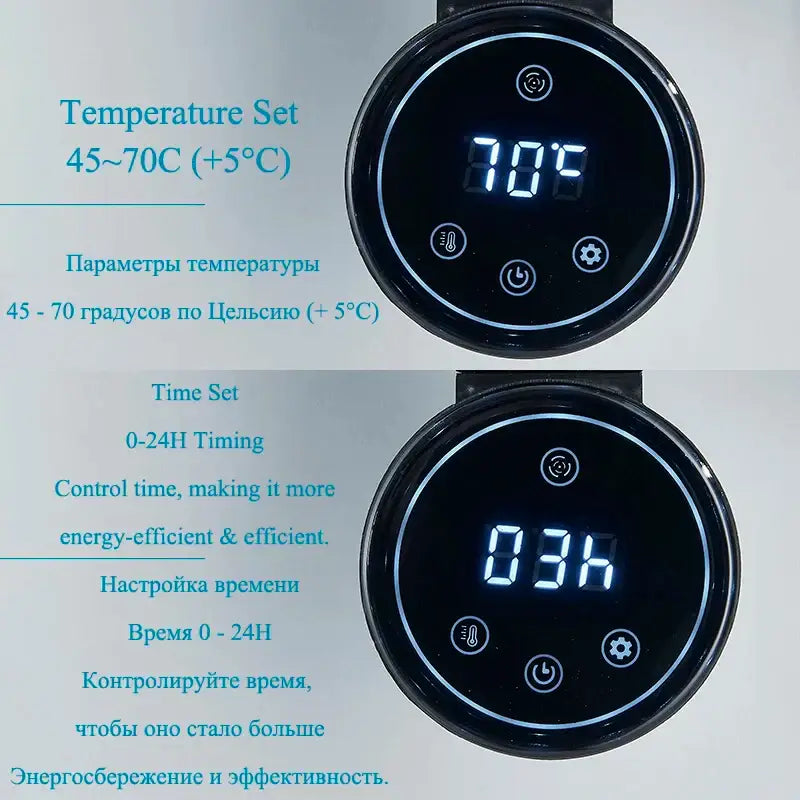 Modern matte gray digital touch bathroom towel warmer with black circular control panel and blue led temperature display