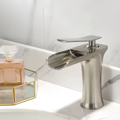 Modern matte grey waterfall brass basin faucet with brushed nickel curved spout for bathroom sink decorbites grey waterfall