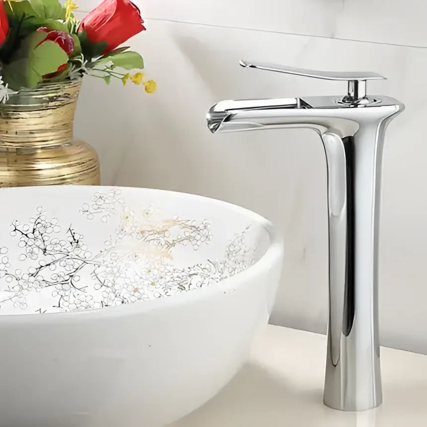 Modern matte grey waterfall brass basin faucet with chrome finish tall design and single lever handle for bathroom sink