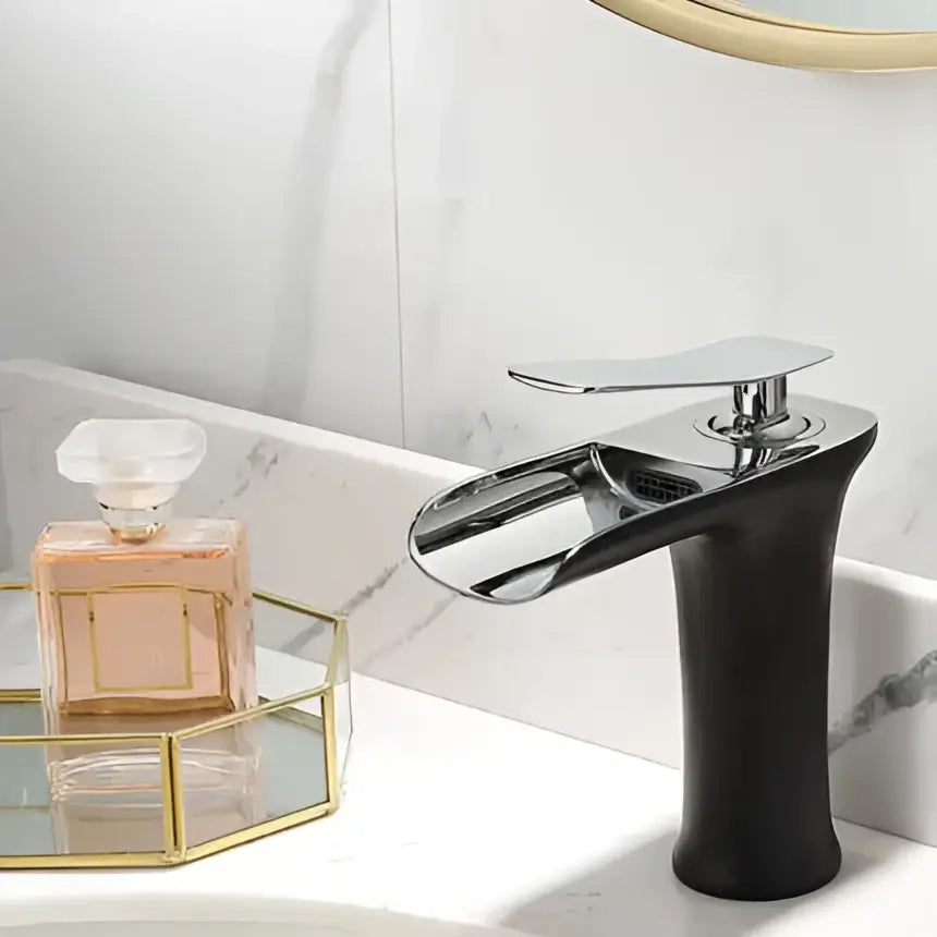 Modern matte grey waterfall brass basin faucet with chrome finished spout and black matte base for bathroom sink decorbites grey waterfall