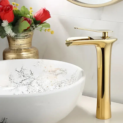 Gold-finished sleek modern basin faucet with tall cylindrical spout for decorbites grey waterfall brass sink setup