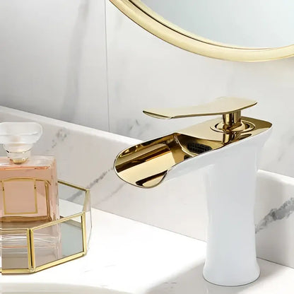 Modern matte grey waterfall brass basin faucet with gold-finished sleek waterfall faucet and polished metallic finish