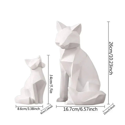 Modern matte white geometric fox sculpture and cat figurines with faceted minimalist design for living room decorbites geometric fox