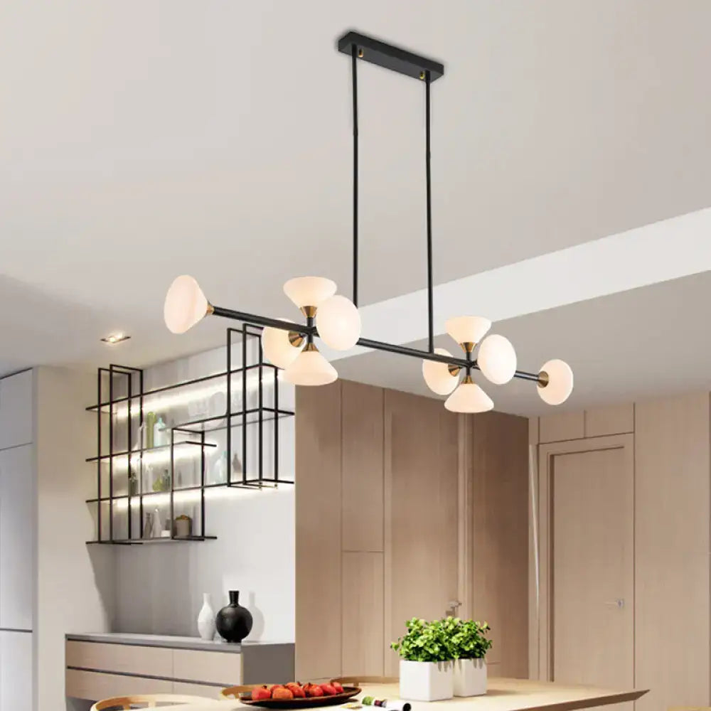 Modern black metal chandelier with frosted white glass flared globe shades for kitchen island lighting with 220v-240v and 110v-120v options