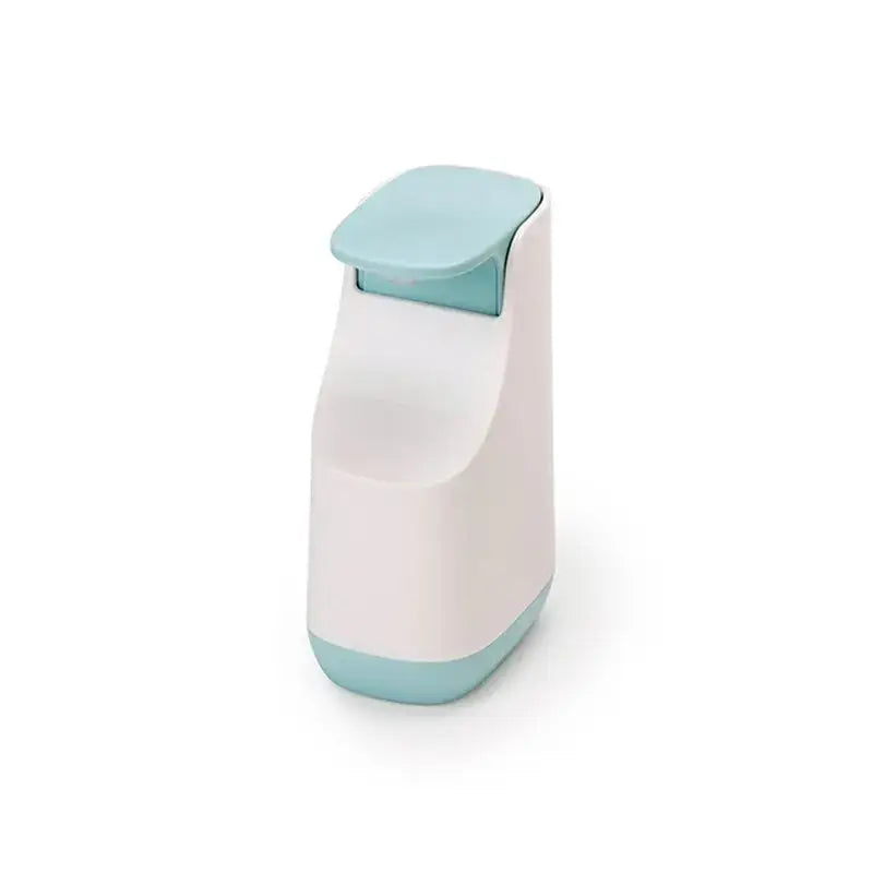 A modern matte white and teal soap pump dispenser with soft mint green accents for space saving kitchen use