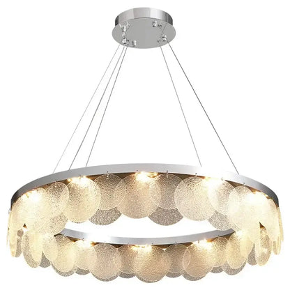 Modern metal glass chandelier led ceiling lamp with two tiers of textured amber glass discs and polished chrome frame