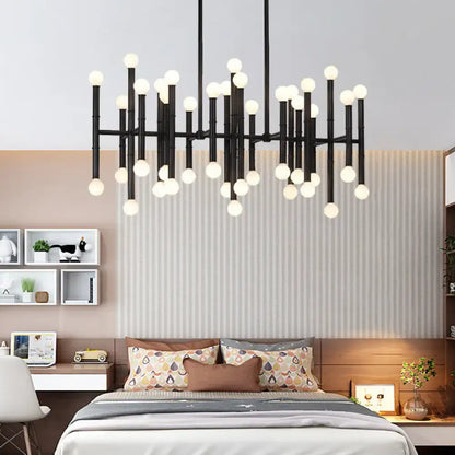 Black DecorBites™ modern metal island light with multi-rod geometric design and spherical e12 e14 bulbs