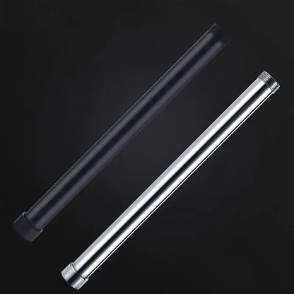 Two metallic extension pipes for shower head in polished chrome and matte black finishes for bathroom accessory use