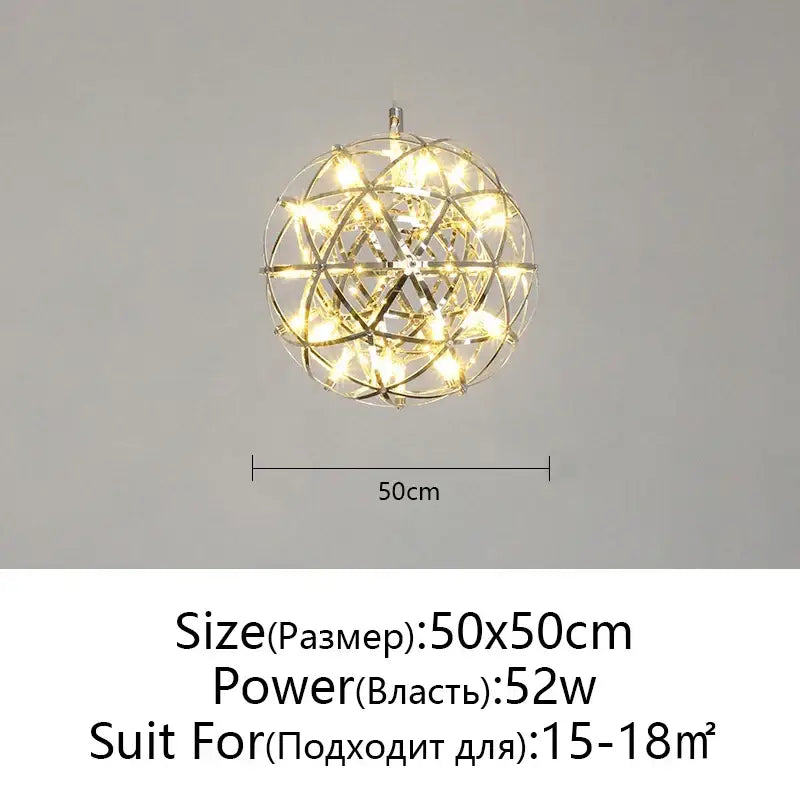 A modern metallic ball fireworks pendant light with a spherical frame and warm white led lights for living room