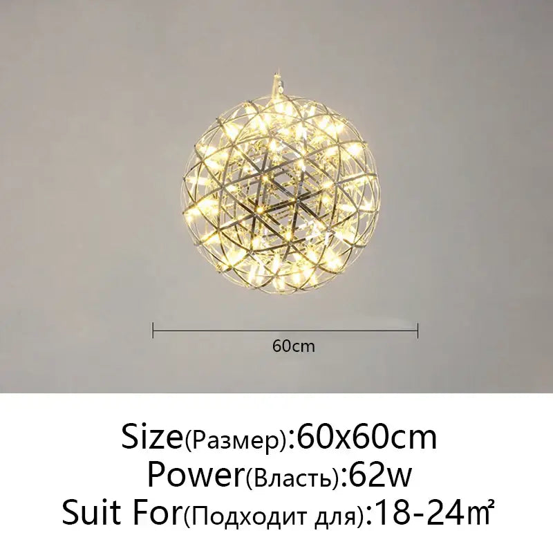 Modern metallic ball fireworks pendant light with spherical frame and warm white LED lights for living room lighting