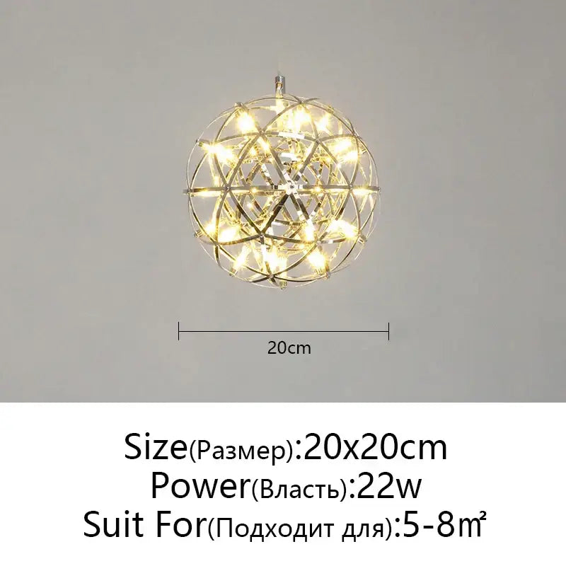 Modern metallic ball fireworks pendant light with a spherical frame and warm white led lights for living room