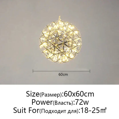 Modern metallic ball fireworks pendant light with warm white led lights and wireframe design for living room decor