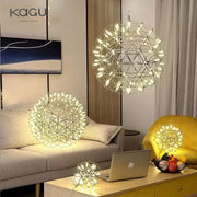Modern metallic ball fireworks pendant light featuring a shiny metallic spherical design with warm white led lights