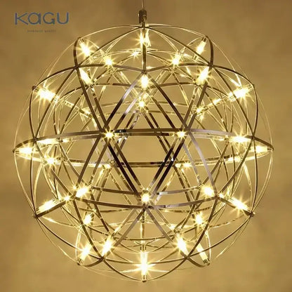 Modern metallic ball fireworks pendant light with shiny chrome spherical design and warm glowing LED lights for living room