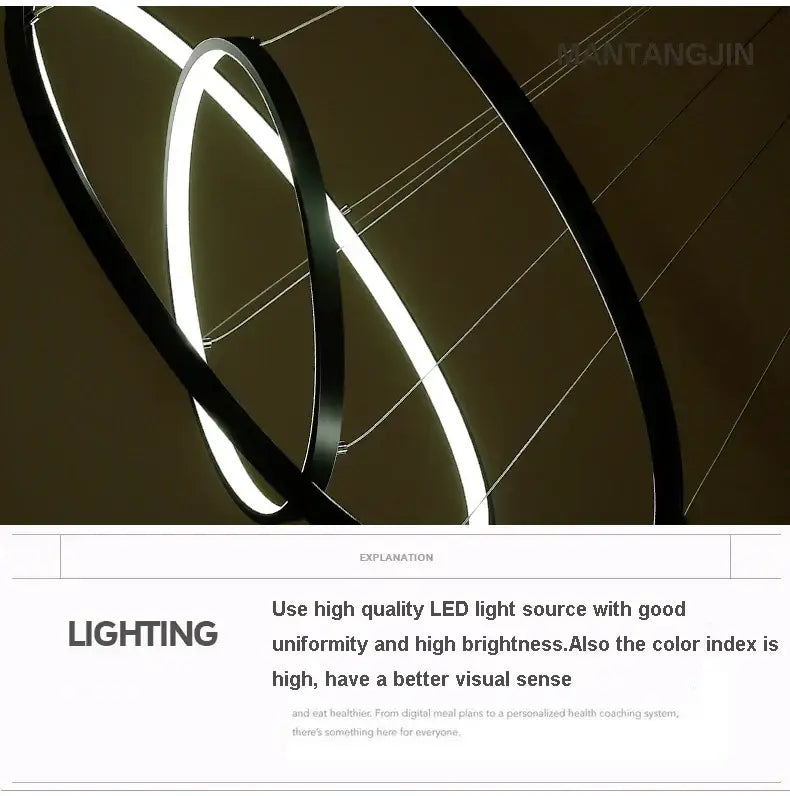 Modern black metallic circle rings led pendant lamp with sleek intersecting rings and bright white illumination for dining room decorbites circle rings led