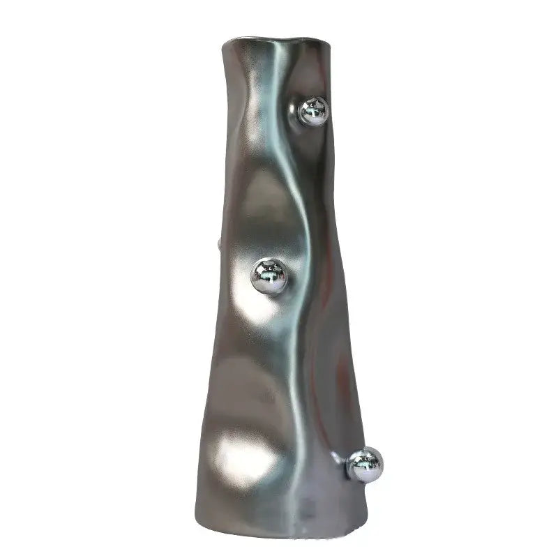 Silver metallic modern decorbites geometric sphere vase with wavy shape and three polished chrome spheres for living room