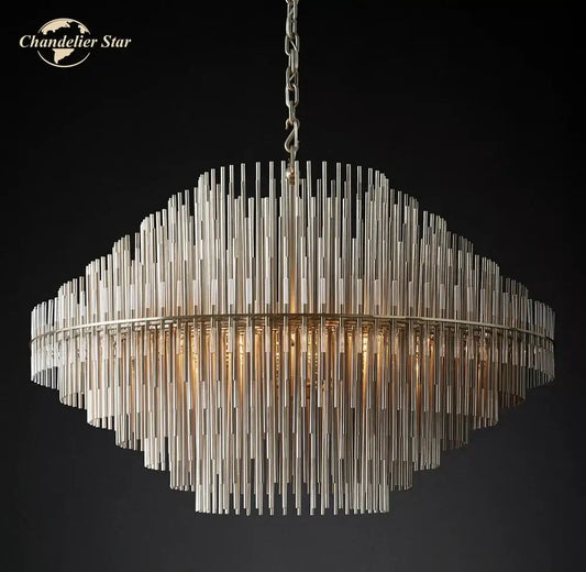 Modern metallic emile round led chandelier with cascading slender reflective rods for dining room lighting