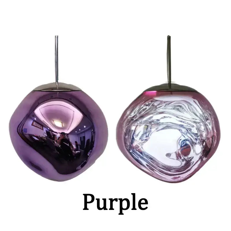 Modern metallic purple glass pendant lights with glossy swirling patterns for dining room cluster fixture