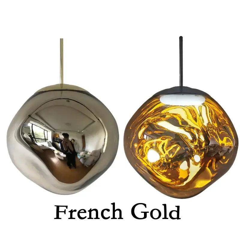 French gold glass pendant light with reflective organic globe and metallic finish for modern dining room cluster fixture