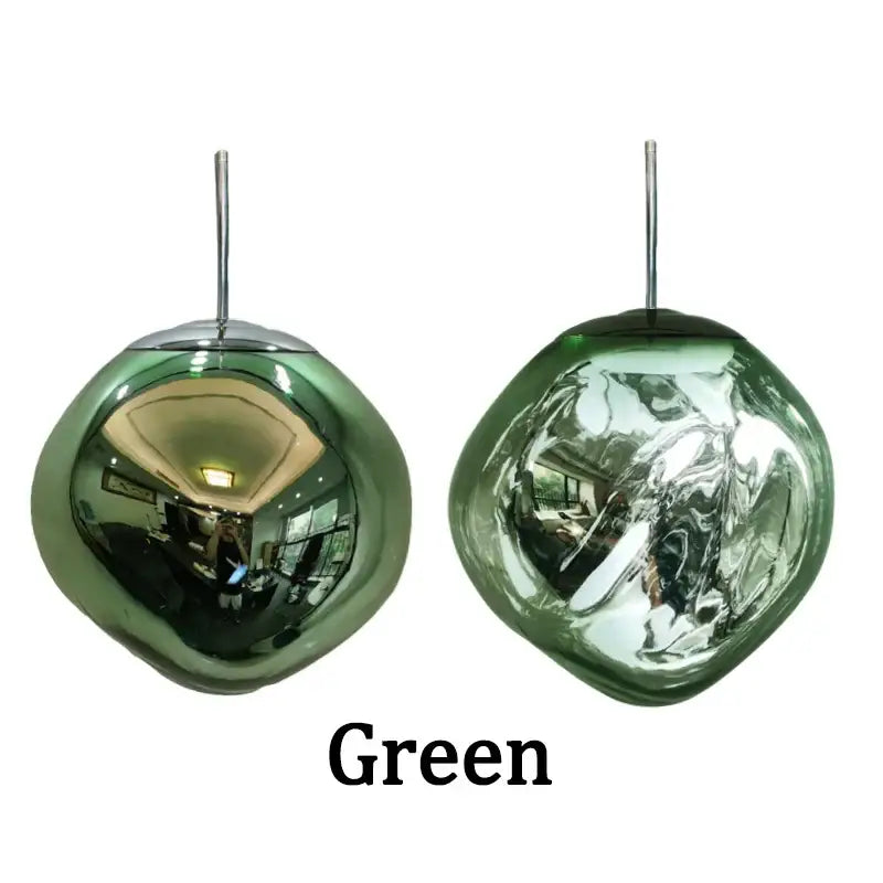 Two modern spherical green glass pendant lights with metallic rods for dining room cluster fixtures