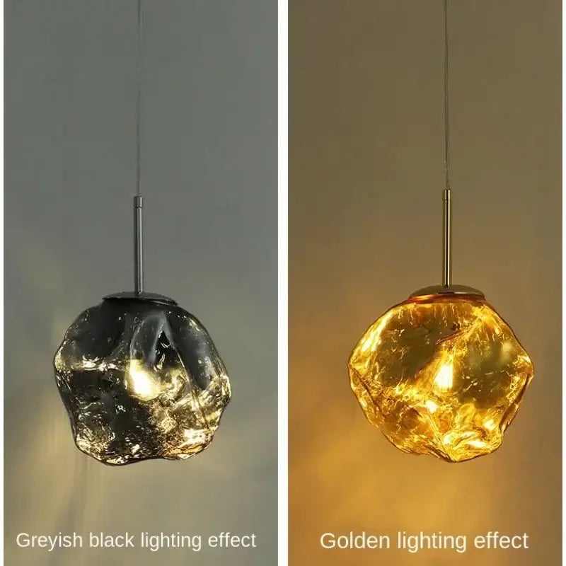 Modern metallic ice glass pendant light with textured irregular glass globe in greyish black or golden finish for dining room decorbites ice glass