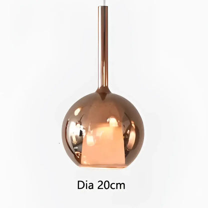 Copper-finished modern metallic spherical pendant light with reflective glass and cylindrical stem by decorbites designer glass chandelier