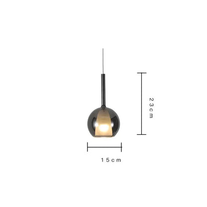 Modern metallic spherical designer glass chandelier pendant light with a glossy black spherical shade and slender stem