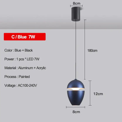Blue and black painted aluminum and acrylic decorbites led pendant light with modern design for bedroom kitchen and bathroom