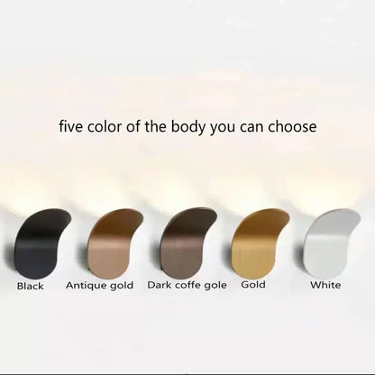 Five sleek curved modern minimalist adjustable led wall lights in black antique gold dark coffee gold gold and white finishes