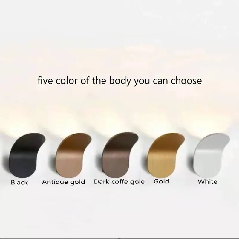 Five sleek curved modern minimalist adjustable led wall lights in black antique gold dark coffee gold gold and white finishes