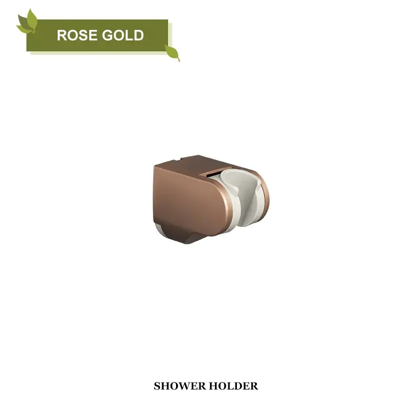 Modern minimalist rose gold shower head holder with two white ceramic rollers for secure towel or robe storage
