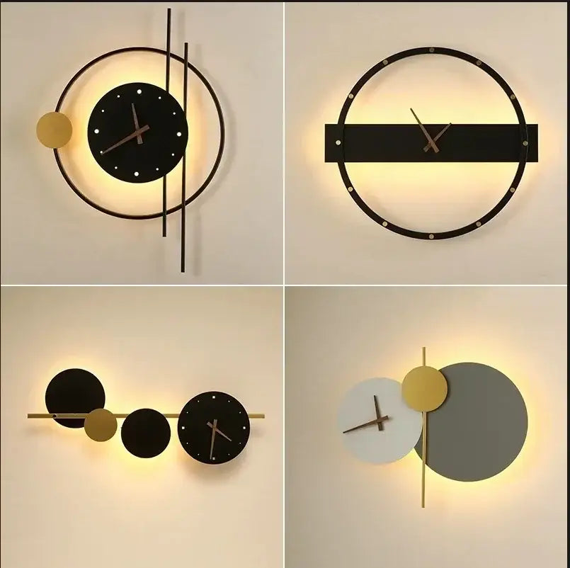 Modern minimalist backlit led wall clock sconce with black white and gold circular design for living room home decor