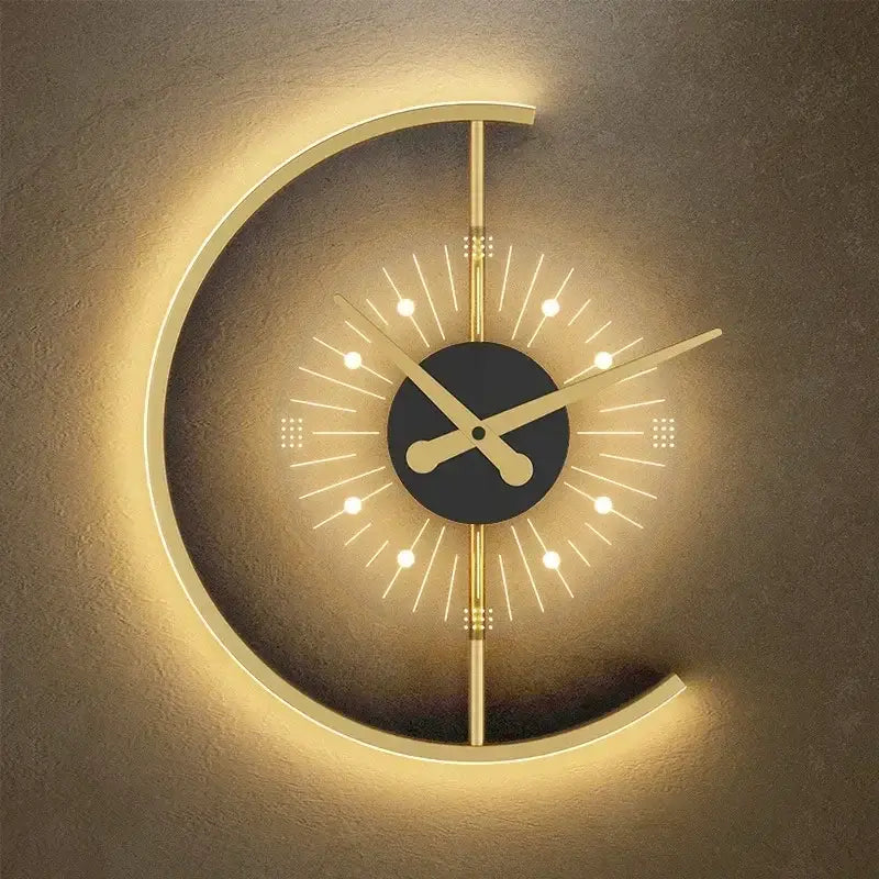 Modern minimalist backlit led wall clock sconce with gold frame black face and white markers for living room home decor