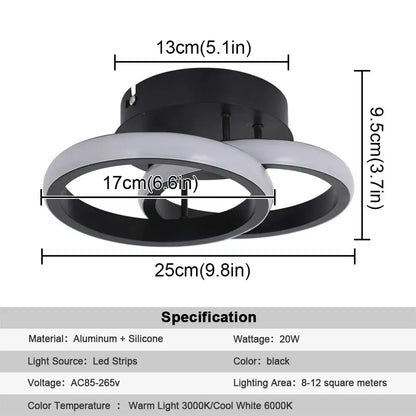 Modern minimalist black acrylic led ceiling lamp with two aluminum and silicone rings for warm or cool white lighting