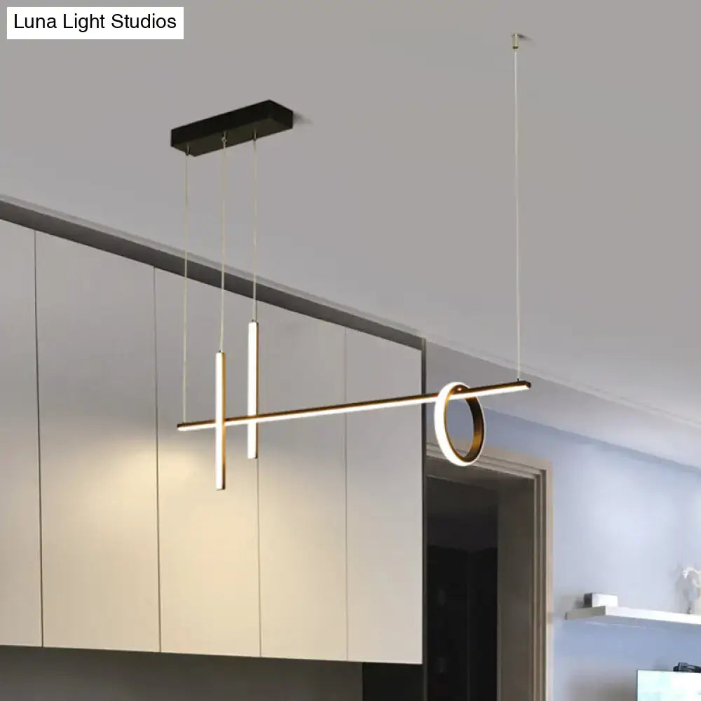 DecorBites™ black acrylic pendant light with sleek rectangular mount and LED bars intersecting illuminated circular ring