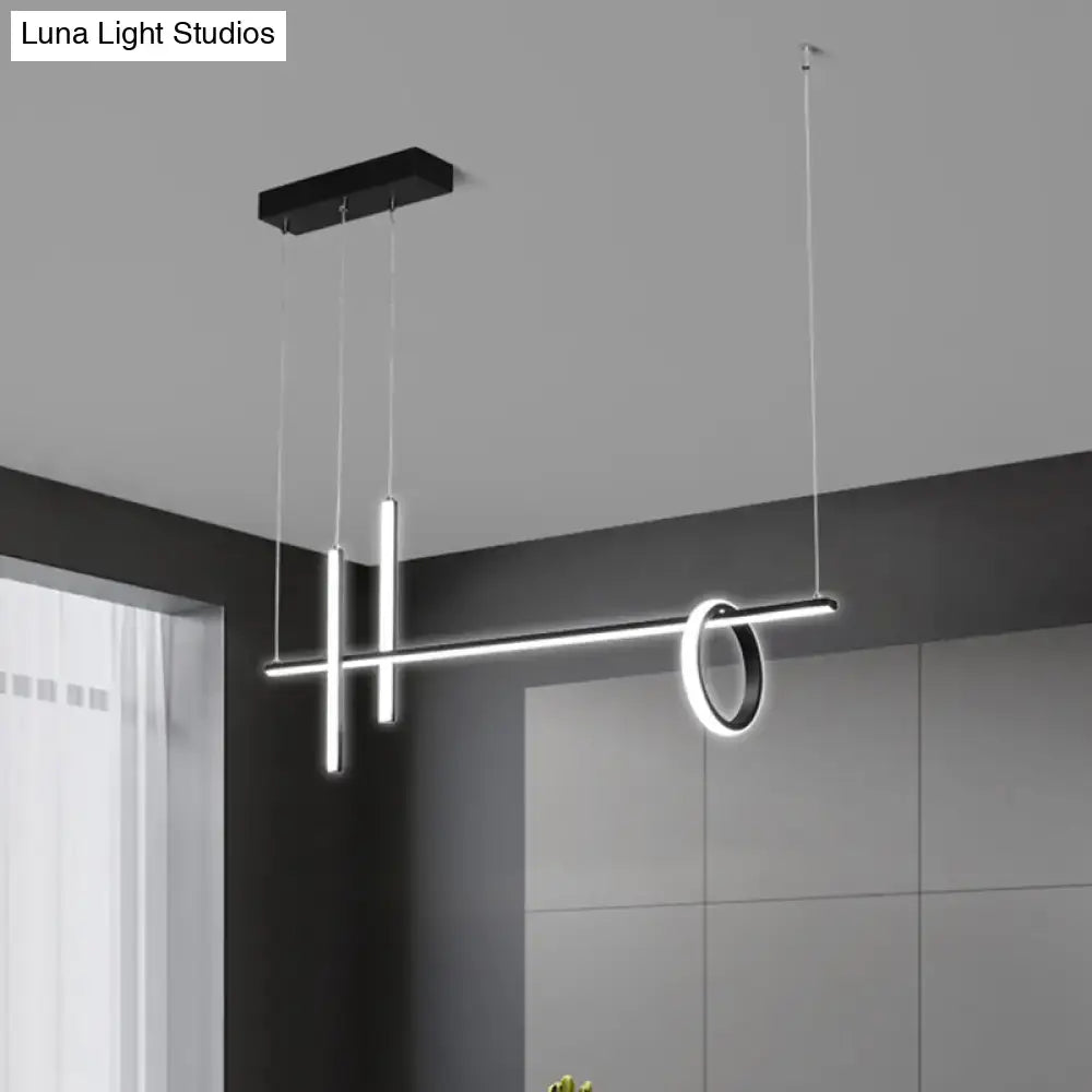 Modern black acrylic DecorBites™ pendant light with sleek geometric LED design featuring intersecting rods and circular ring