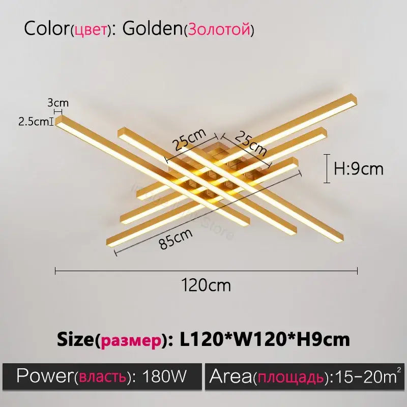 Golden modern ceiling light fixture with intersecting rectangular bars complementing decorbites black chandelier led design