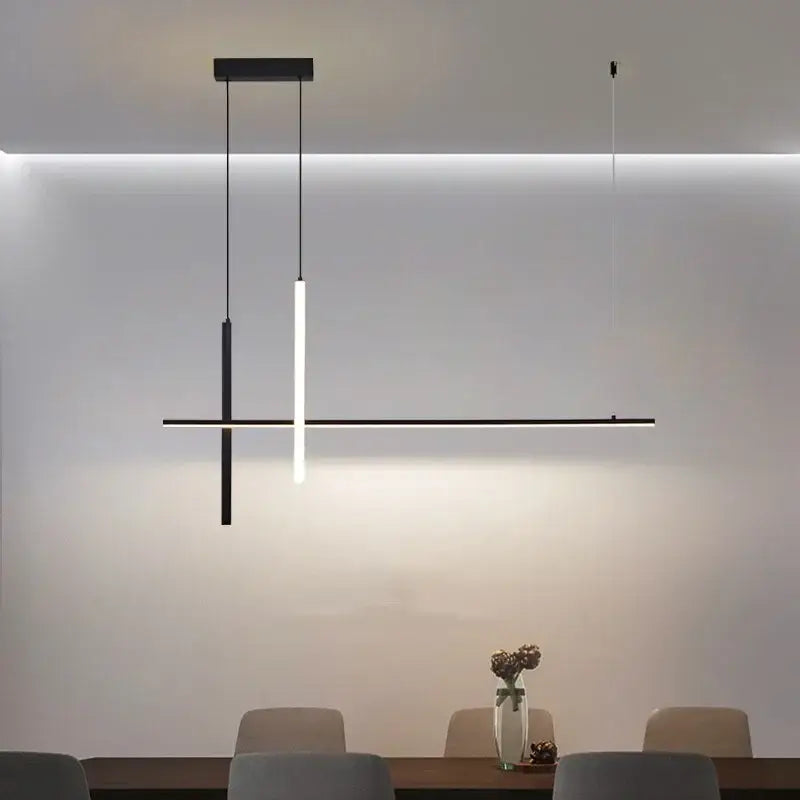 Modern minimalist black dimmable led pendant light with sleek linear design and glowing white vertical strip for kitchen decorbites pendant lights