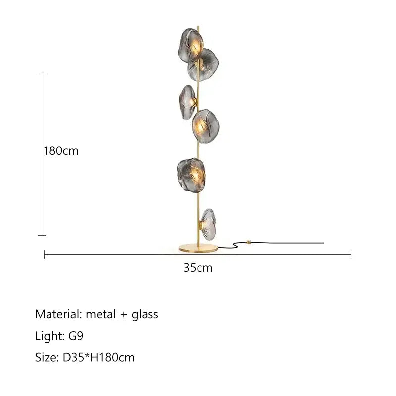 Modern floor lamp with slender gold frame and five translucent gray glass shade led lights for home decor living room