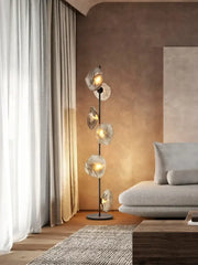 Modern minimalist black floor lamp with five translucent glass shade led globes for stylish home decor lighting