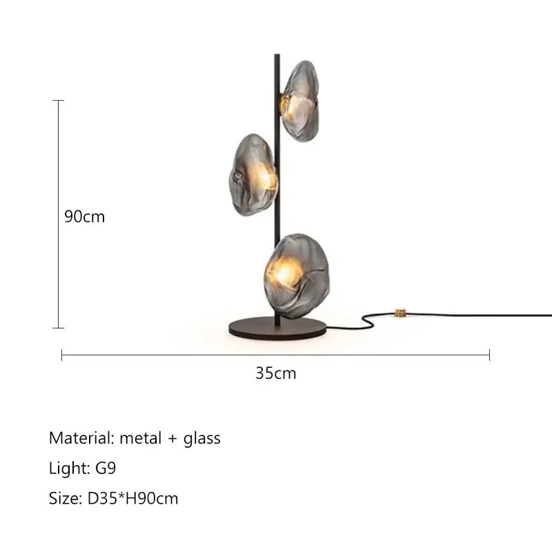 Modern minimalist black floor lamp with three translucent gray glass shade led shells on sleek metal stand for home decor