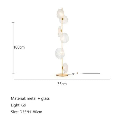 Modern minimalist floor lamp with gold metal frame and translucent glass shade led orbs for elegant home decor