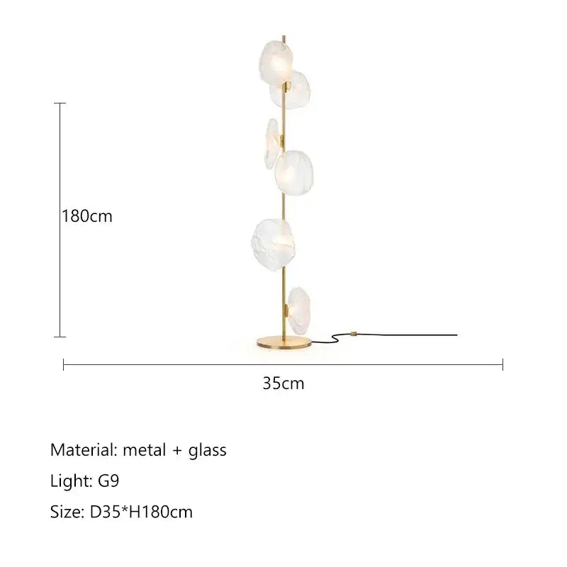 Modern minimalist floor lamp with gold metal frame and translucent glass shade led orbs for elegant home decor