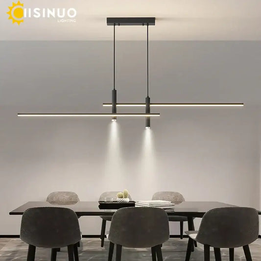Modern minimalist black and gold adjustable led pendant light with two horizontal led bars for dining room decorbites decor