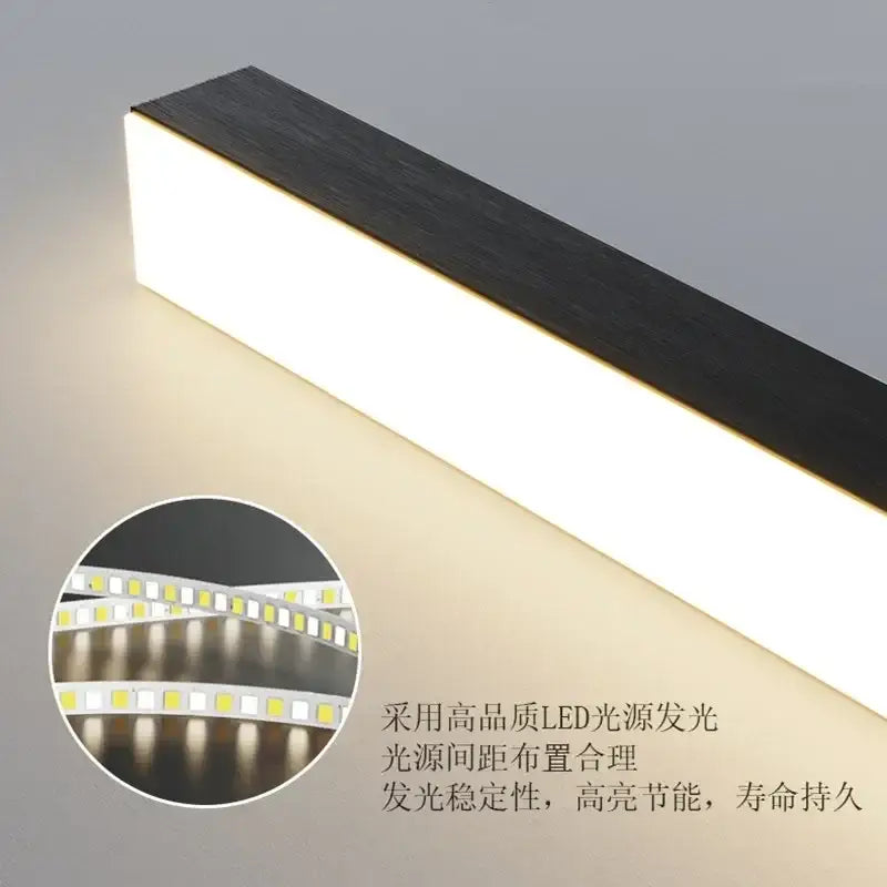 Modern minimalist decorbites black led ceiling chandelier with rectangular light strip and diffused white illumination
