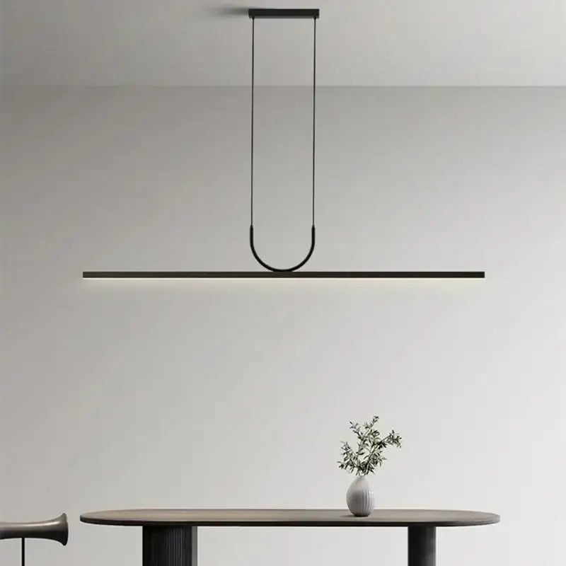 Minimalist black led ceiling chandelier with sleek design and glowing horizontal bar for kitchen island decorbites black led