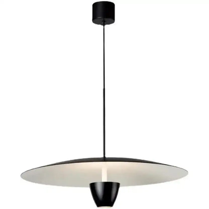 Modern minimalist black led pendant light with a sleek disc-shaped shade and conical base for dining room decorbites black led hanging