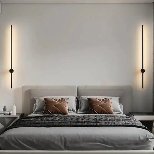 Modern minimalist black led strip wall lamp with sleek metal rods and warm circular lights for staircase lighting decorbites led strip