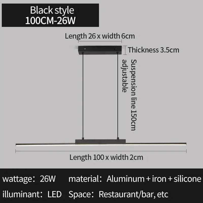 Modern minimalist black linear pendant light with aluminum and iron frame 100cm long for dining room pendant light